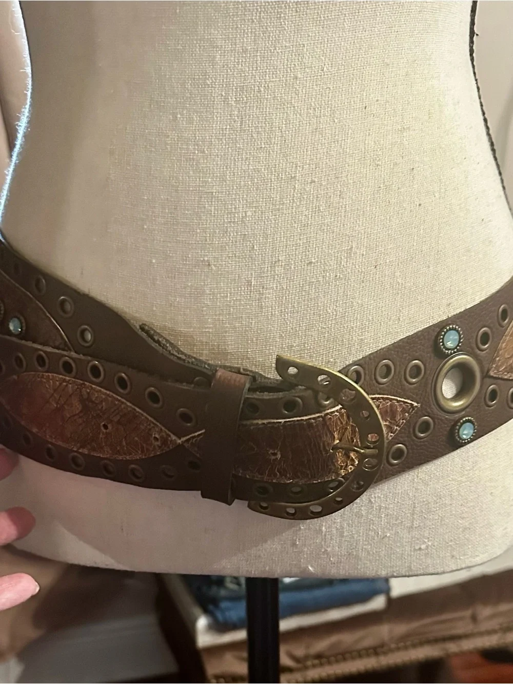Leather rock Brown Studded Women's Belt with Turquoise Accents